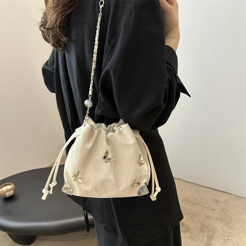 Women Fashion Butterfly Bucket Bag PU Leather Drawstring Chain Shoulder Crossbody Bag Urban Minimalist Elegant Handbag