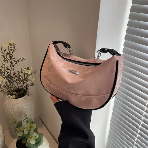 Women Minimalist PU Leather Hobo Shoulder Bag Large Capacity Wrinkled Dumpling Bag With Wide Strap Contrast Piping Handbag