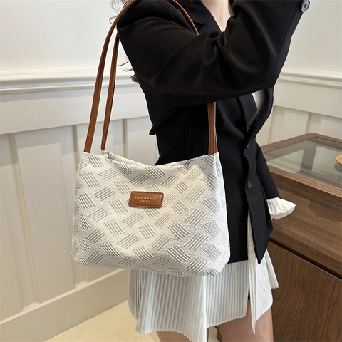 Damen Gewebte Tragetasche Große Kapazität Nylon Umhängetasche Mit Kontrastfarbenem Ledergriff Minimalistische Pendler Achseltasche Handtasche