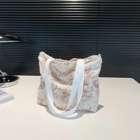 Sac Fourre-tout en Nylon avec Broderie de Papillon pour Femmes Esthétique Grande Capacité Sac à Bandoulière de Navette Rétro