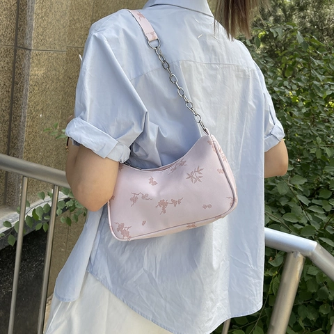 Borsa Sottobraccio in PU con Stampa Floreale Donna Catena Minimalista Borsa a Tracolla Morbida Piccola Borsa Quadrata Moda