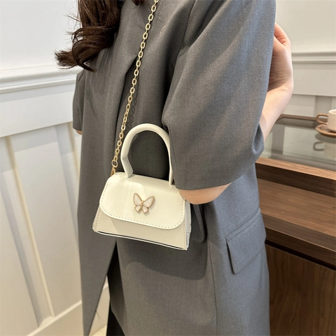 Women Butterfly Decor Mini Shoulder Bag PU Leather Fashion Square Crossbody Bag With Chain Strap Elegant Handbag