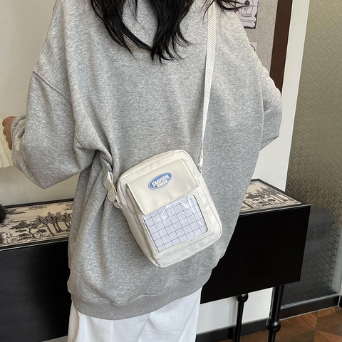 Damen Kleine Nylon Umhängetasche Kleine Quadratische Schultertasche Mit Transparenter Tasche Patchwork Fashion Happy Label Verstellbarer Riemen