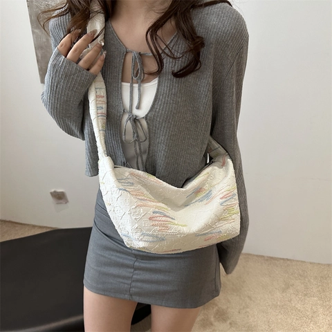 Borsa a Spalla da Donna in Nylon Grande Capacità Ricamo a Onde Colorate Borsa Sottoascellare Dumpling Borsa a Tracolla Casual Moda