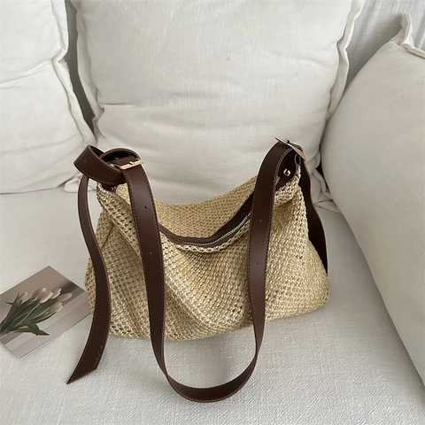 Fashion Women Hand-woven Straw Shoulder Bag Large Capacity Tote Bag For Summer Beach Vacation Casual Hobo Bag With Zipper