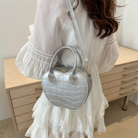 Bolso de Hombro de Cuero PU con Forma de Corazón para Mujer Bolso Bandolera con Patrón de Cocodrilo y Correa Desmontable
