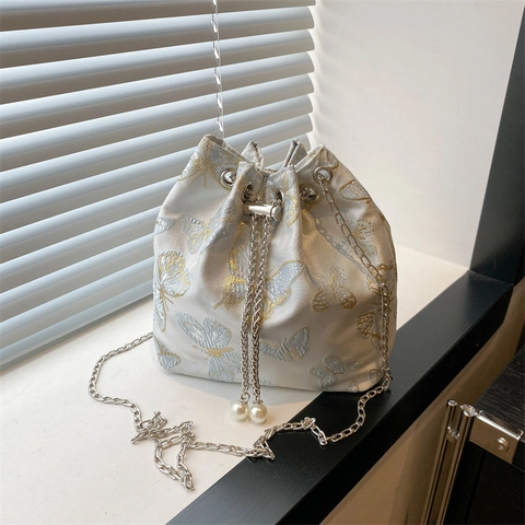Bolso de Cubo Jacquard de Nuevo Estilo Chino Mujer Bordado Mariposa Bambú Patrón Cadena de Perlas Bolso Bandolera Accesorio Hanfu
