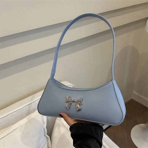 Borsa Sottobraccio in Pelle PU con Fiocco Dolce da Donna Elegante Tinta Unita Vintage Hobo Handbag Moda Quotidiana Casual Crossbody