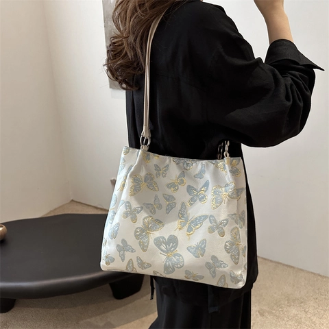 Elegante New Chinese Style Gouddraadborduurwerk Tote Bag Bamboe Blad Vlinder Patroon Dames Schoudertas Mode Grote Capaciteit Casual Handtas