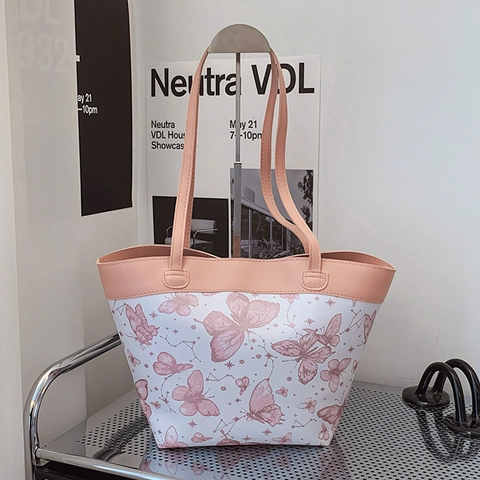 Butterfly Print PU Leather Large Tote Bag For Women Elegant Floral Underarm Bag Casual Daily Shoulder Handbag Fashion Gift