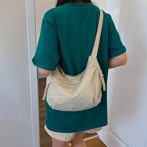 Women Large Capacity Nylon Crescent Shoulder Bag Casual Solid Color Crossbody Bag With Braided Rope Zipper Lightweight Bag