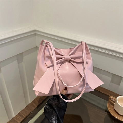Moda Gran Capacidad Lazo Bolso de Hombro Cuero PU Bolso Tote para Mujer Minimalista Color Sólido Bolso de Axila para Mujer