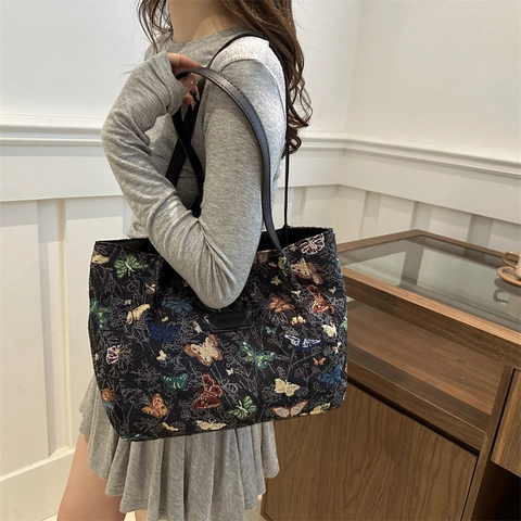 Borsa Tote da Donna Vintage in Jacquard con Farfalle Grande Capacità in Nylon Borsa a Tracolla Artistica per Pendolari Estate