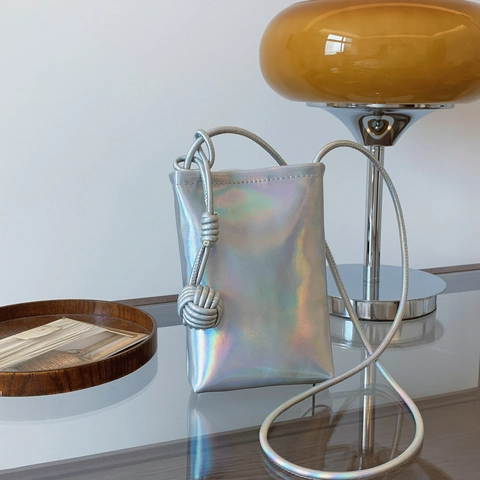 Borsetta per Cellulare in PU Metallizzato da Donna Borsa Iridescente Laser a Tracolla con Nodo Minimalista Piccola Borsa a Spalla