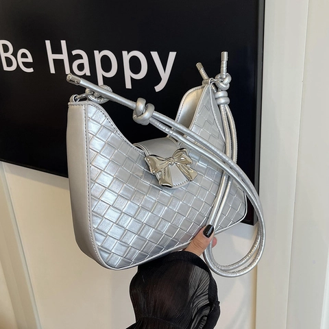 Dames PU Leer Geweven Hobo Tas Met Strik Metalen Gesp Trendy Grote Capaciteit Oksel Schoudertas Pendelen Dagelijks Casual