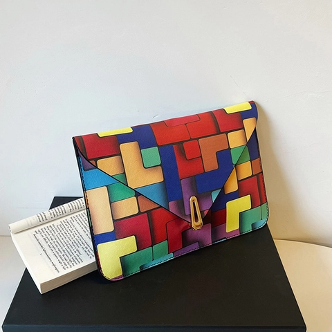 Pochette Enveloppe pour Femmes Imprimé Géométrique Sac à Main à Motifs de Blocs Colorés en Cuir PU Grande Capacité avec Fermoir