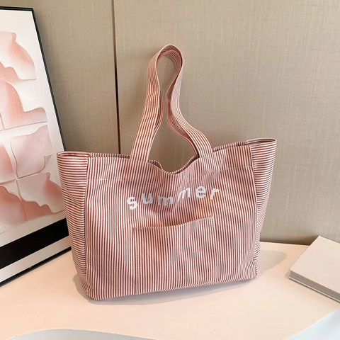 Damen Große Kapazität Gestreifte Canvas Tote Bag Buchstabendruck Sommer Reversibel Schultertasche Trendy Underarm Pendler Handtasche