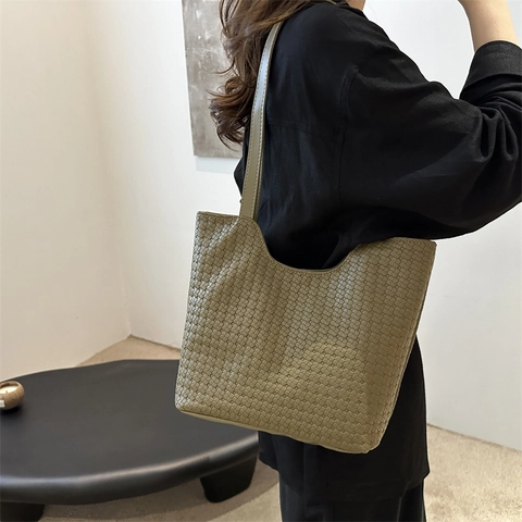 Bolso Tote de Nailon Tejido de Gran Capacidad para Mujer Estilo Urbano Simple Bolso de Hombro Color Sólido Bolso de Mano Casual