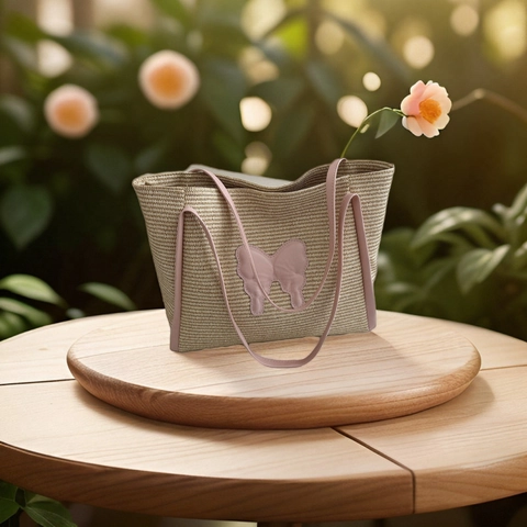 Sac Tote en Paille Tissé pour Femmes Grande Capacité Motif Papillon Sac à Épaule de Plage Été Sac à Main Décontracté