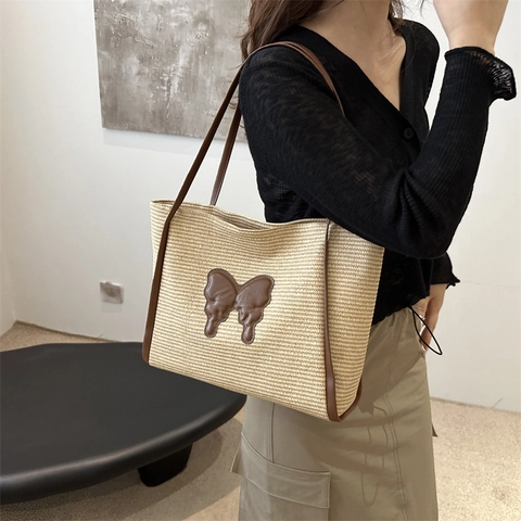 Sac Tote en Paille Tissé pour Femmes Grande Capacité Motif Papillon Sac à Épaule de Plage Été Sac à Main Décontracté