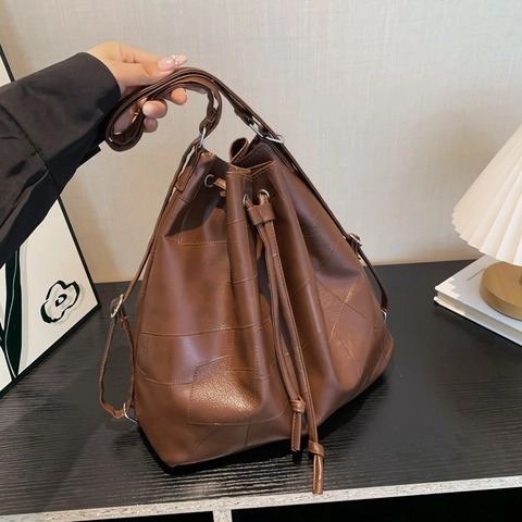 Bolso Bombonera Vintage de Cuero PU Patchwork para Mujer Gran Capacidad Bolso de Hombro con Cordón Mochila Tote Minimalista Urbano