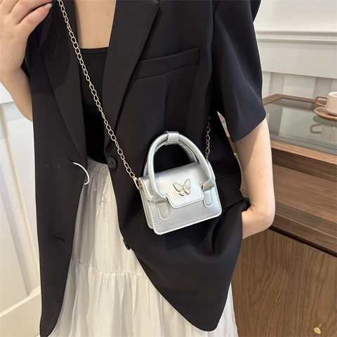 Fashion Patent PU Leather Butterfly Mini Shoulder Bag For Women Urban Minimalist Chain Crossbody Bag Summer Small Square Bag