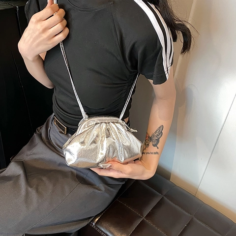 Women Metallic Ruched Cloud Bag Fashion Urban Minimalist Pleated Crossbody Bag PU Leather Solid Color Shoulder Pouch For Daily Party