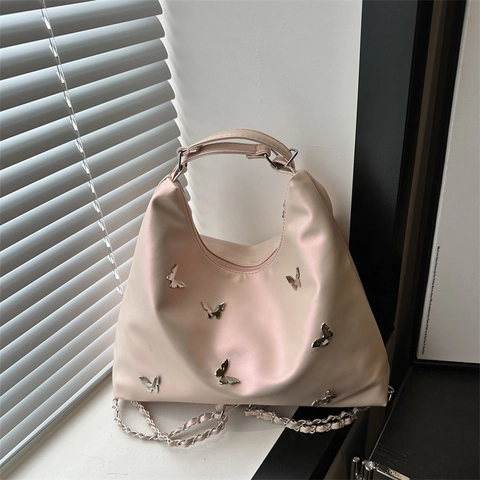 Sac à Épaule Femme en Cuir PU avec Décoration de Papillon en Métal Sac Cabas Grande Capacité Style Y2K Mode Navettage