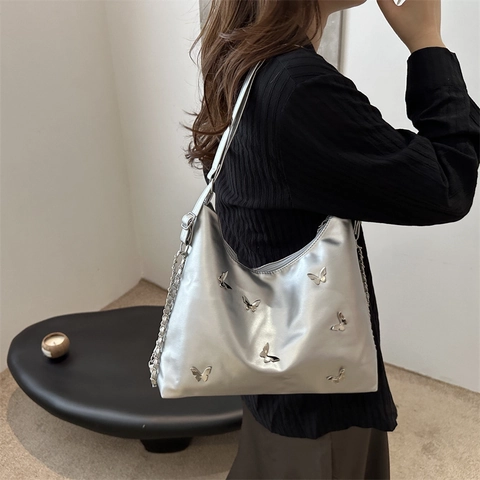 Bolso de Hombro de Cuero PU de Mariposa para Mujer Gran Capacidad Bolso de Axila Cruzado Con Correa de Cadena de Viaje