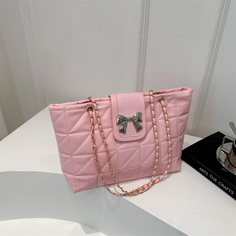 Bolso de Hombro Acolchado de Rombos para Mujer de Moda Cuero Sintético Bolso Tote Con Lazo de Metal Correa de Cadena