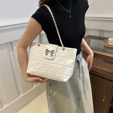 Bolso de Hombro Acolchado de Rombos para Mujer de Moda Cuero Sintético Bolso Tote Con Lazo de Metal Correa de Cadena