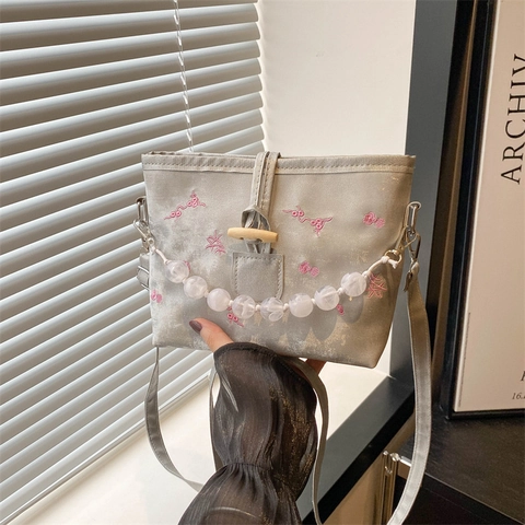Damen Bestickte Blumen Eimertasche Neuer Chinesischer Stil PU-Leder Schultertasche Umhängetasche Mit Künstlichen Perlen Holz-Knebel