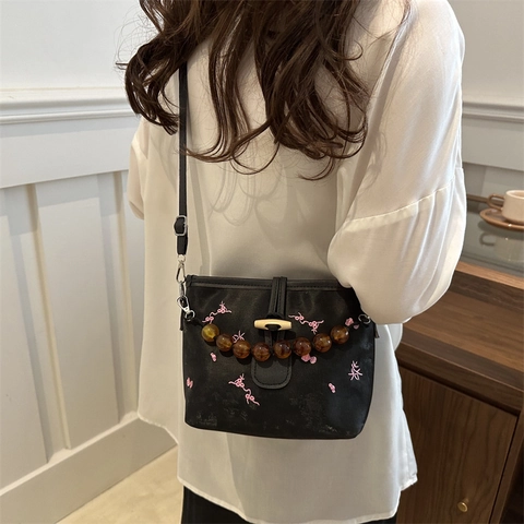 Damen Bestickte Blumen Eimertasche Neuer Chinesischer Stil PU-Leder Schultertasche Umhängetasche Mit Künstlichen Perlen Holz-Knebel