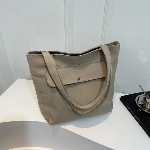 Minimalist Nylon Tote Bag For Women Large Capacity Solid Color Shoulder Bag With Front Flap Pocket Daily Commuter Handbag