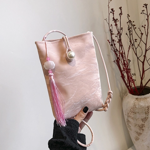 Bolso de Cuero PU Mini para Teléfono Móvil de Mujer Con Decoración de Perlas Artificiales y Borla Estilo Chino Bolso Bandolera