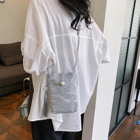 Bolso de Cuero PU Mini para Teléfono Móvil de Mujer Con Decoración de Perlas Artificiales y Borla Estilo Chino Bolso Bandolera