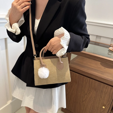 Trendy Corduroy Small Square Bag For Women Solid Color Commuter Handbag With Pom-pom Pendant Adjustable Shoulder Crossbody Bag
