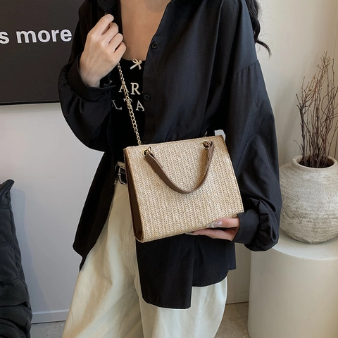 Damen Mode Geflochtene Stroh PU Leder Schultertasche Metallkette Hahnentritt Tote Bag Lässige Umhängetasche Für Urlaub Reisen