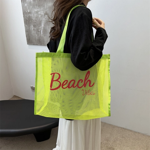 Grande Borsa da Spiaggia in Rete per Donna Nylon Vacanze Estive Borsa a Spalla Viaggio Con Stampa Lettere Beach Vibes Borsa Tote