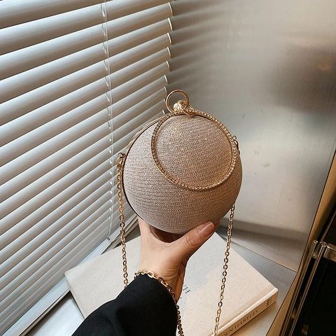 Vrouwen Bolvormige Avondtas Fonkelende Strass Ring Handvat Metallic Glitter Sfeer Schoudertas Goud Ketting Riem