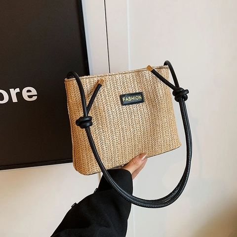 Damen Mode Stroh Gewebte Umhängetasche Sommer Strand Tote Handtasche Mit Geknotetem Riemen Elegant Lässig Hahnentritt Pendler Große Tasche