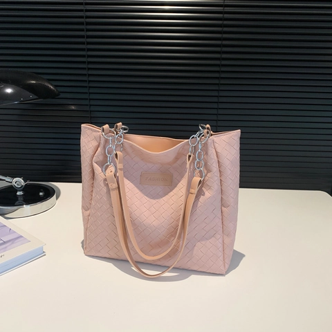 Damen Große Kapazität Gewebte PU Leder Tote Bag Minimalistische Schultertasche Mit Kettengurt Mode Buchstaben Patch Pendler Handtasche