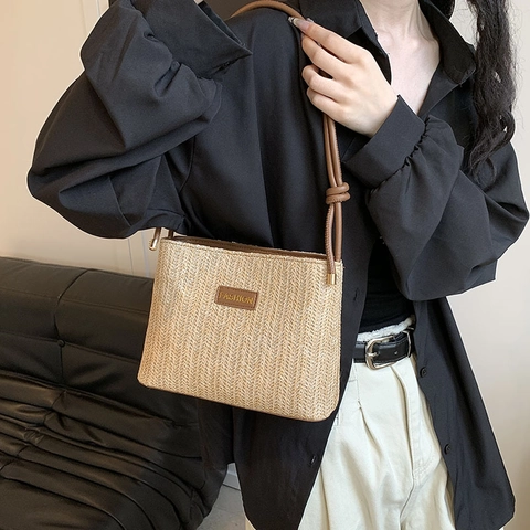 Damen Mode Stroh Gewebte Umhängetasche Sommer Strand Tote Handtasche Mit Geknotetem Riemen Elegant Lässig Hahnentritt Pendler Große Tasche
