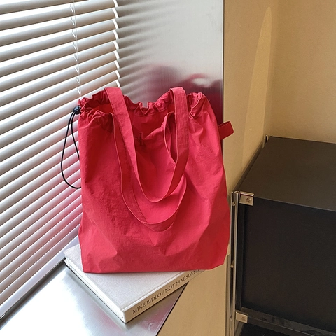 Bolso Tote de Nailon de Gran Capacidad para Mujer con Cordón Minimalista Color Sólido Ligero Plegable Bolso de Hombro Viaje