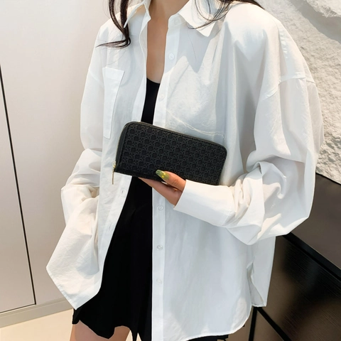 Women Fashion Woven PU Leather Long Zip Wallet Large Capacity Clutch Handbag Elegant Solid Color Multi Functional Purse
