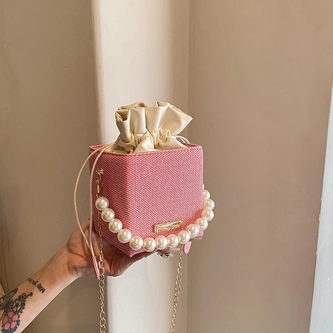 Fashion Women Woven Texture PU Leather Box Bag Artificial Pearl Handle Drawstring Shoulder Crossbody Handbag Jewelry Style