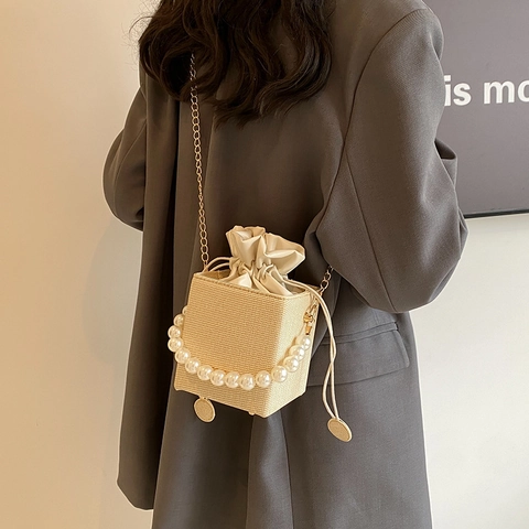 Fashion Women Woven Texture PU Leather Box Bag Artificial Pearl Handle Drawstring Shoulder Crossbody Handbag Jewelry Style