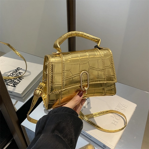 Bolso de Hombro Minimalista de Cuero PU Con Relieve de Cocodrilo Para Mujer Bolso de Mano Cuadrado Metálico Brillante