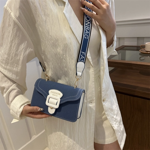 Bolso Cuadrado Pequeño Retro de PU con Bloques de Color para Mujer Bolso Bandolera Minimalista con Puntadas y Correa de Hombro Ancha Estampada