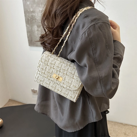 Women Fashion Tweed Pattern PU Leather Shoulder Bag Chain Strap Elegant Plaid Woven Small Square Bag Daily Commuting Handbag